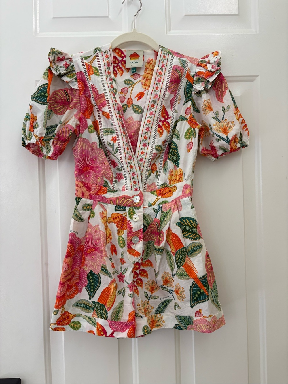 Farm Rio Macaw Off White Cotton Ruffle Romper Women XXS Floral **NO BELT **